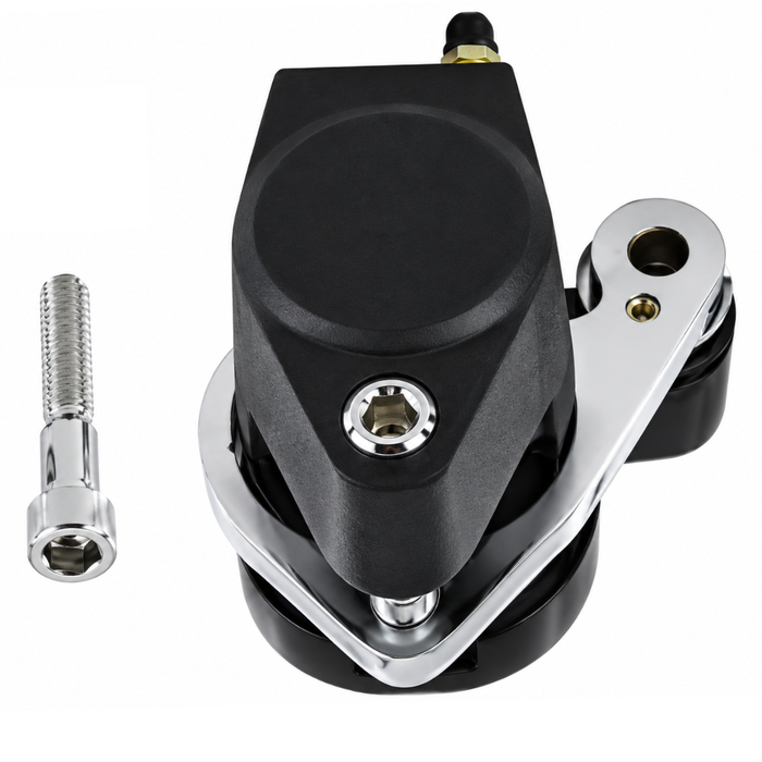 A chrome and a black Mid-USA Narrowglide Caliper for 1984-1999 Harley-Davidson Big Twin and Sportster shown with a single mounting bolt.