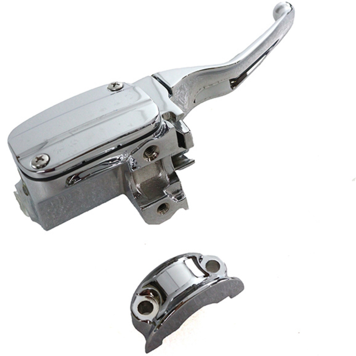 The Drag Specialties Front Master Cylinder for 2008-2013 Harley-Davidson Touring, shown in chrome and black with attached lever and mounting hardware, is displayed isolated on a white background.