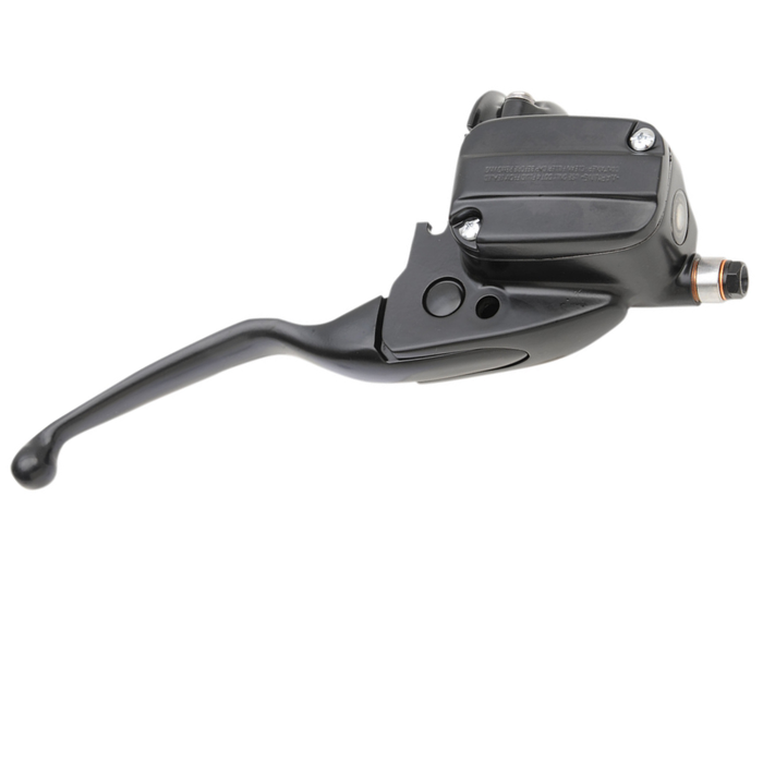 The Drag Specialties Front Master Cylinder for 2008-2013 Harley-Davidson Touring, shown in chrome and black with attached lever and mounting hardware, is displayed isolated on a white background.
