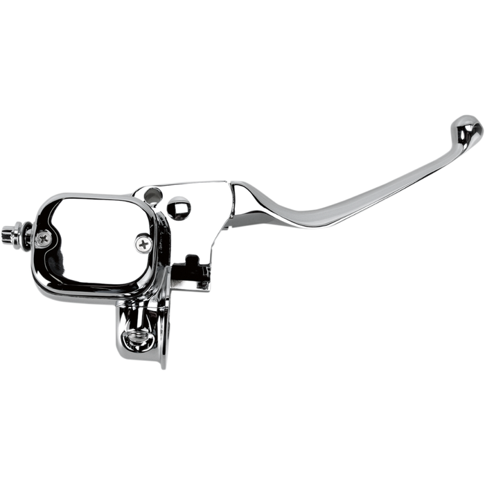 Close-up of a Moto Iron® Front Brake Master Cylinder for 1996-2017 Harley-Davidson, featuring a black finish, mounting clamp, and adjustment screw.