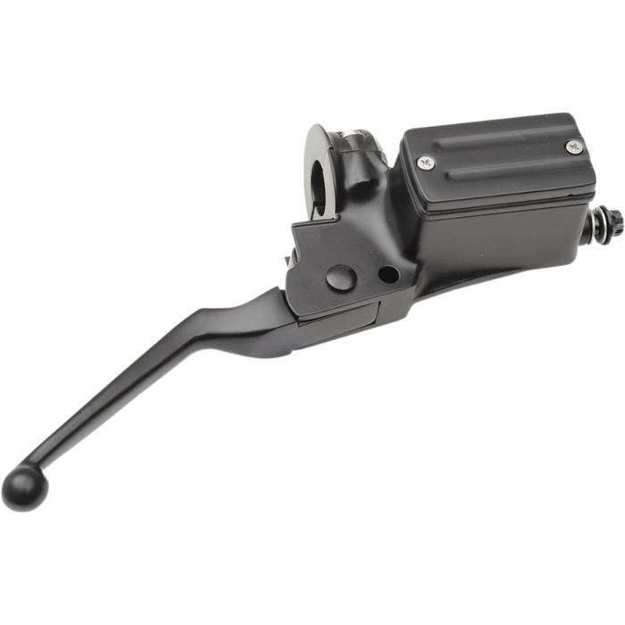 Two Drag Specialties Front Master Cylinders for 1982-1995 Harley-Davidson motorcycles—one chrome, one matte black—are shown side by side on a white background.