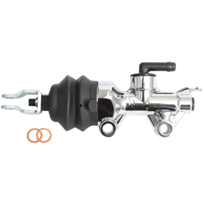 The Drag Specialties Chrome Rear Master Cylinder for 2004-2006 Harley-Davidson Sportster features a black rubber boot, metal fittings, and two copper washers, shown on a white background.