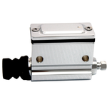 A Wyatt Gatling Polished Rear Master Cylinder for 1979-1983 Harley-Davidson Big Twin and Sportster features billet aluminum construction, a black rubber connector, and two side screw holes.
