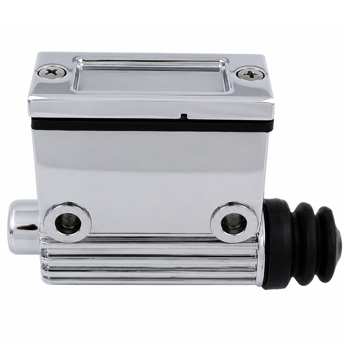 Wyatt Gatling Chrome Rear Master Cylinder for 1979-1985 Harley-Davidson FL Big Twin, shown against a white background. This rectangular chrome motorcycle brake master cylinder features two screw holes, a black gasket, and a ribbed rubber boot on one end. Designed with a 3/4" bore for Harley-Davidson Big Twin models. Brand: Wyatt Gatling.