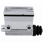 Wyatt Gatling Chrome Rear Master Cylinder for 1979-1985 Harley-Davidson FL Big Twin, shown against a white background. This rectangular chrome motorcycle brake master cylinder features two screw holes, a black gasket, and a ribbed rubber boot on one end. Designed with a 3/4" bore for Harley-Davidson Big Twin models. Brand: Wyatt Gatling.