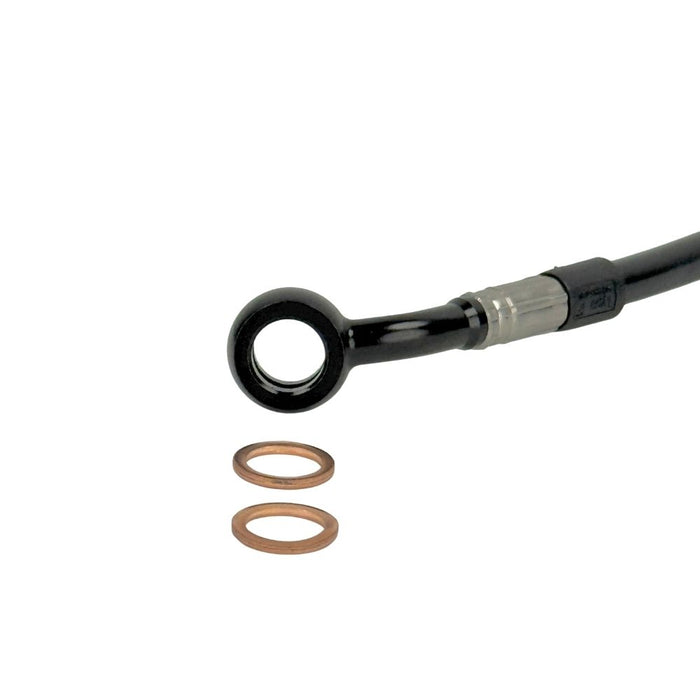 A TC Bros. Brake Line Extension for 2022-Up Harley-Davidson Nightster is coiled in a circle with four copper washers on a white background.