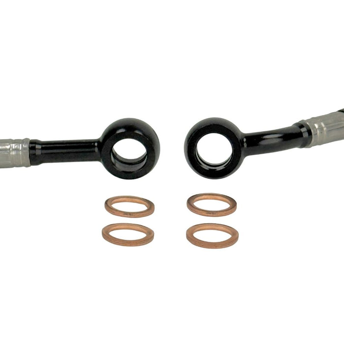 A TC Bros. Brake Line Extension for 2022-Up Harley-Davidson Nightster is coiled in a circle with four copper washers on a white background.