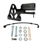 TC Bros. Pro Series Rear Radial Brake Bracket for 2018-Up Harley-Davidson M8 Softail, by TC Bros. Shown in black metal with multiple mounting holes, the kit includes a small attached hose, two bolts, a screw, washers, and copper rings—all arranged below on a white background—ideal for radial caliper conversion.