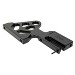 TC Bros. Pro Series Rear Radial Brake Bracket for 2018-Up Harley-Davidson M8 Softail, by TC Bros. Shown in black metal with multiple mounting holes, the kit includes a small attached hose, two bolts, a screw, washers, and copper rings—all arranged below on a white background—ideal for radial caliper conversion.
