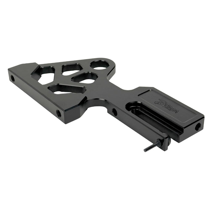 TC Bros. Pro Series Rear Radial Brake Bracket for 2018-Up Harley-Davidson M8 Softail, by TC Bros. Shown in black metal with multiple mounting holes, the kit includes a small attached hose, two bolts, a screw, washers, and copper rings—all arranged below on a white background—ideal for radial caliper conversion.