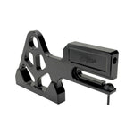 TC Bros. Pro Series Rear Radial Brake Bracket for 2018-Up Harley-Davidson M8 Softail, by TC Bros. Shown in black metal with multiple mounting holes, the kit includes a small attached hose, two bolts, a screw, washers, and copper rings—all arranged below on a white background—ideal for radial caliper conversion.