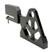 TC Bros. Pro Series Rear Radial Brake Bracket for 2018-Up Harley-Davidson M8 Softail, by TC Bros. Shown in black metal with multiple mounting holes, the kit includes a small attached hose, two bolts, a screw, washers, and copper rings—all arranged below on a white background—ideal for radial caliper conversion.
