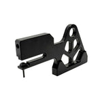 TC Bros. Pro Series Rear Radial Brake Bracket for 2018-Up Harley-Davidson M8 Softail, by TC Bros. Shown in black metal with multiple mounting holes, the kit includes a small attached hose, two bolts, a screw, washers, and copper rings—all arranged below on a white background—ideal for radial caliper conversion.