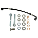 TC Bros. Pro Series Rear Radial Brake Bracket for 2018-Up Harley-Davidson M8 Softail, by TC Bros. Shown in black metal with multiple mounting holes, the kit includes a small attached hose, two bolts, a screw, washers, and copper rings—all arranged below on a white background—ideal for radial caliper conversion.