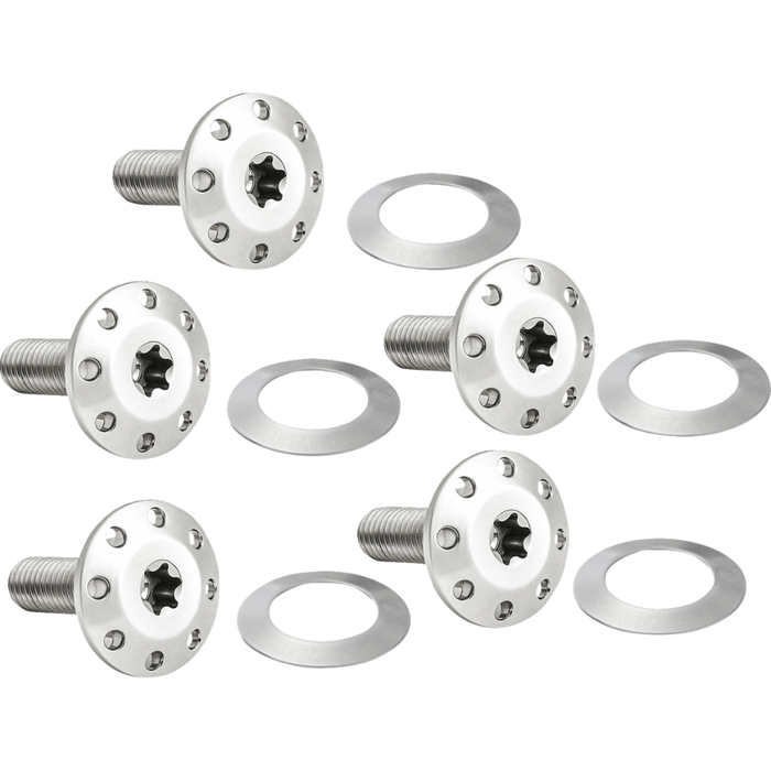 Seven silver screws with flat, wide hexalobular heads—designed to complement the precision hardware in Arlen Ness Holeshot Floating Front Rotor Brake Kits for 2024-Up Harley-Davidson Touring, Sportster, and Pan-America models—are arranged with matching circular washers on a white background.