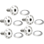 Seven silver screws with flat, wide hexalobular heads—designed to complement the precision hardware in Arlen Ness Holeshot Floating Front Rotor Brake Kits for 2024-Up Harley-Davidson Touring, Sportster, and Pan-America models—are arranged with matching circular washers on a white background.