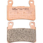 Two metallic EBC brake pads are shown, one featuring a text label and the other revealing the textured friction surface. Designed for 2015-2024 Harley-Davidson Softail, Sportster Roadster, and select metric applications, these EBC HH Fully Sintered Brake Pads provide exceptional stopping power and long-lasting durability.