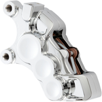 Four Arlen Ness Ness-Tech Differential Bore Front Calipers for 2008-Up Harley-Davidson, two in black and two in chrome, shown from different angles.