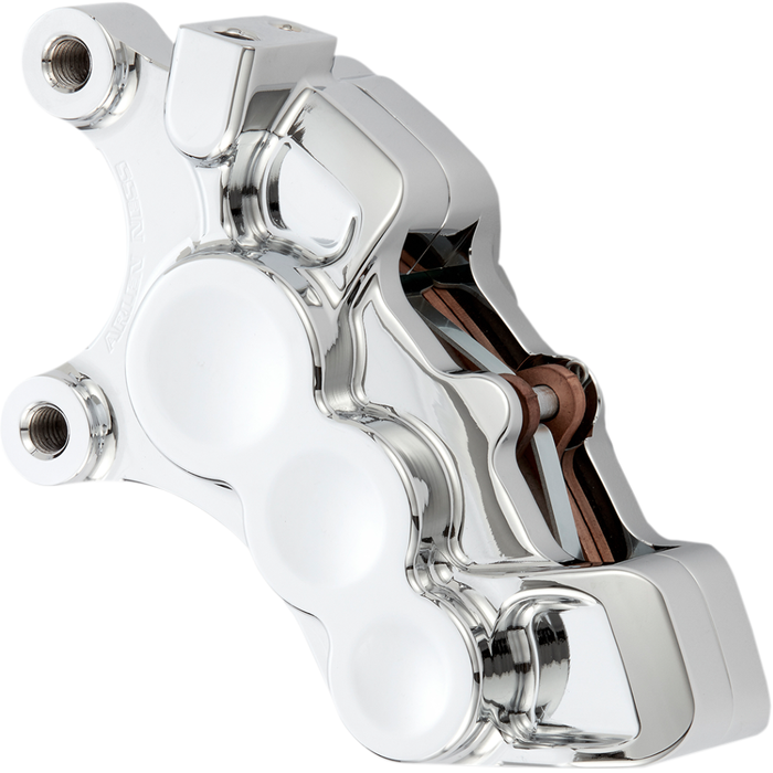 Four Arlen Ness Ness-Tech Differential Bore Front Calipers for 2008-Up Harley-Davidson, two in black and two in chrome, shown from different angles.