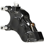 Four Arlen Ness Ness-Tech Differential Bore Front Calipers for 2008-Up Harley-Davidson, two in black and two in chrome, shown from different angles.