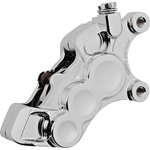 Four Arlen Ness Ness-Tech Differential Bore Front Calipers for 2008-Up Harley-Davidson, two in black and two in chrome, shown from different angles.