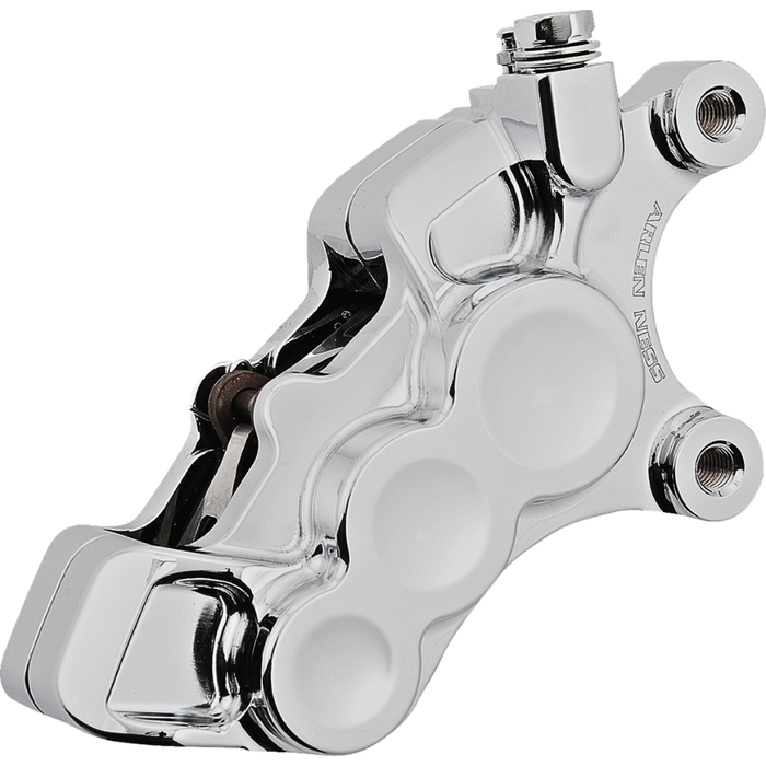 Four Arlen Ness Ness-Tech Differential Bore Front Calipers for 2008-Up Harley-Davidson, two in black and two in chrome, shown from different angles.