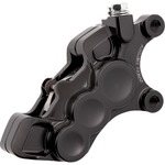 Four Arlen Ness Ness-Tech Differential Bore Front Calipers for 2008-Up Harley-Davidson, two in black and two in chrome, shown from different angles.