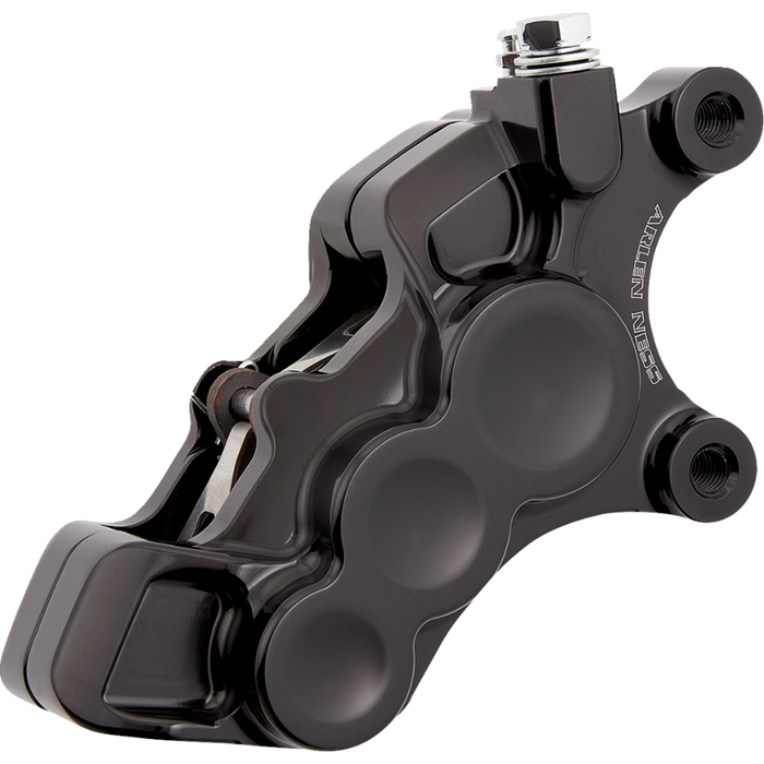 Four Arlen Ness Ness-Tech Differential Bore Front Calipers for 2008-Up Harley-Davidson, two in black and two in chrome, shown from different angles.