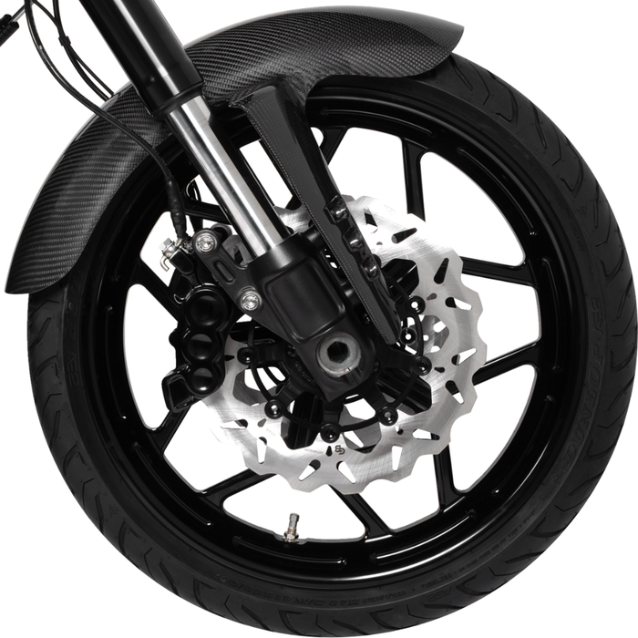 Four Arlen Ness Ness-Tech Differential Bore Front Calipers for 2008-Up Harley-Davidson, two in black and two in chrome, shown from different angles.