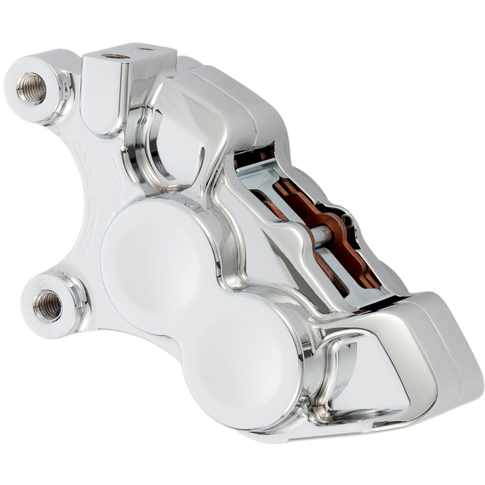 Four Arlen Ness Ness-Tech Differential Bore Front Calipers for 2008-Up Harley-Davidson, two in black and two in chrome, shown from different angles.