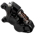 Four Arlen Ness Ness-Tech Differential Bore Front Calipers for 2008-Up Harley-Davidson, two in black and two in chrome, shown from different angles.