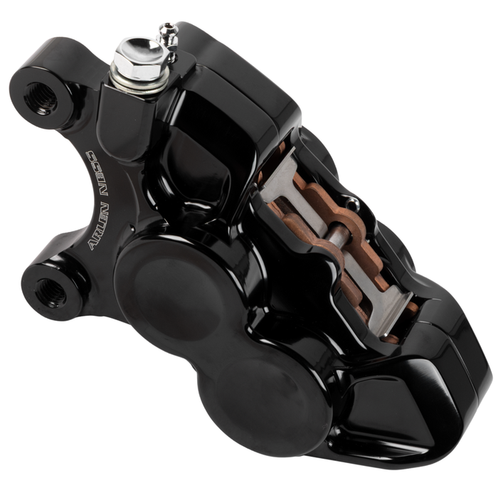 Four Arlen Ness Ness-Tech Differential Bore Front Calipers for 2008-Up Harley-Davidson, two in black and two in chrome, shown from different angles.