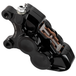Four Arlen Ness Ness-Tech Differential Bore Front Calipers for 2008-Up Harley-Davidson, two in black and two in chrome, shown from different angles.
