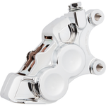 Four Arlen Ness Ness-Tech Differential Bore Front Calipers for 2008-Up Harley-Davidson, two in black and two in chrome, shown from different angles.