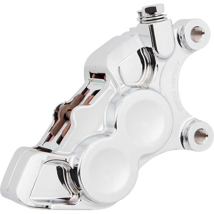 Four Arlen Ness Ness-Tech Differential Bore Front Calipers for 2008-Up Harley-Davidson, two in black and two in chrome, shown from different angles.