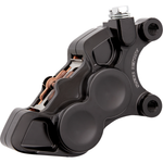 Four Arlen Ness Ness-Tech Differential Bore Front Calipers for 2008-Up Harley-Davidson, two in black and two in chrome, shown from different angles.