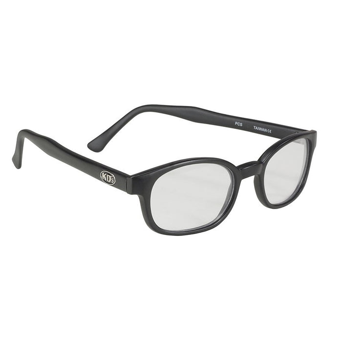 A pair of black-framed eyeglasses with clear lenses, labeled "KD XL Sunglasses - Clear" on the inside of the arm. Perfect for night riding or everyday use, these KD&