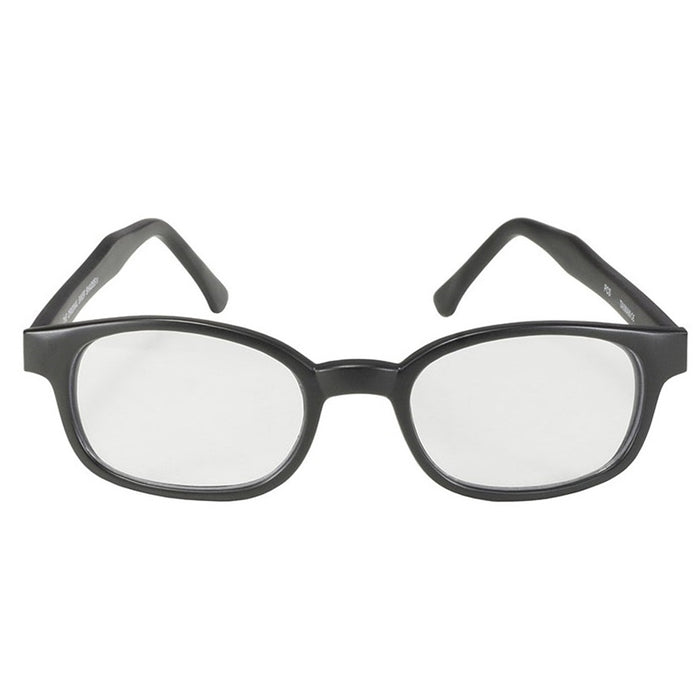 A pair of black-framed eyeglasses with clear lenses, labeled "KD XL Sunglasses - Clear" on the inside of the arm. Perfect for night riding or everyday use, these KD&