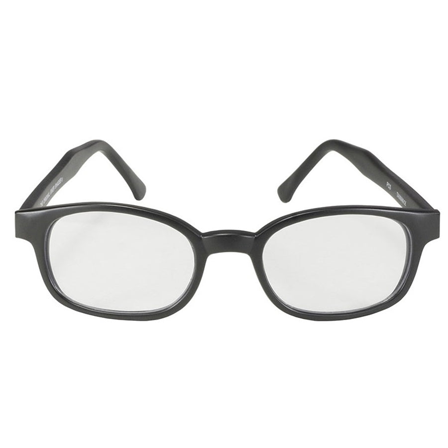 A pair of black-framed eyeglasses with clear lenses, labeled "KD XL Sunglasses - Clear" on the inside of the arm. Perfect for night riding or everyday use, these KD's Sunglasses offer style and clarity.