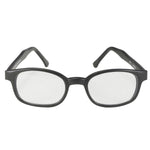 A pair of black-framed eyeglasses with clear lenses, labeled "KD XL Sunglasses - Clear" on the inside of the arm. Perfect for night riding or everyday use, these KD's Sunglasses offer style and clarity.
