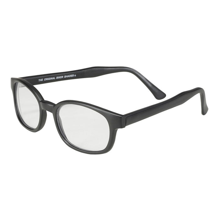 A pair of black-framed eyeglasses with clear lenses, labeled "KD XL Sunglasses - Clear" on the inside of the arm. Perfect for night riding or everyday use, these KD&