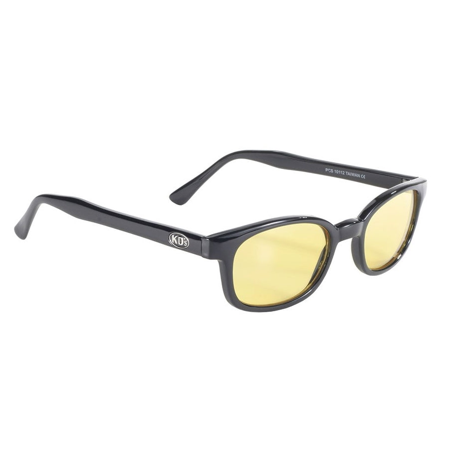 KD's Sunglasses presents the KD XL Sunglasses - Yellow: black rectangular lightweight shades with yellow-tinted lenses for UV protection. Ideal for motorcycle rides, these stylish sunglasses are displayed on a white background.