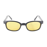 KD's Sunglasses presents the KD XL Sunglasses - Yellow: black rectangular lightweight shades with yellow-tinted lenses for UV protection. Ideal for motorcycle rides, these stylish sunglasses are displayed on a white background.