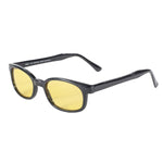 KD's Sunglasses presents the KD XL Sunglasses - Yellow: black rectangular lightweight shades with yellow-tinted lenses for UV protection. Ideal for motorcycle rides, these stylish sunglasses are displayed on a white background.