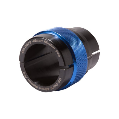 A blue and black threaded Motion Pro 49mm Ringer Fork Seal Driver on a white background.