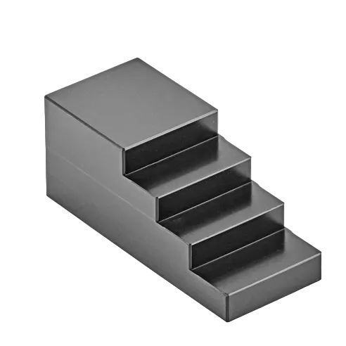 A black, rectangular, four-step staircase display stand is shown on a white background, perfect for showcasing items such as the Wyatt Gatling Primary Drive Locking Tool or other Wyatt Gatling clutch hub removal accessories for Harley-Davidson motorcycles.