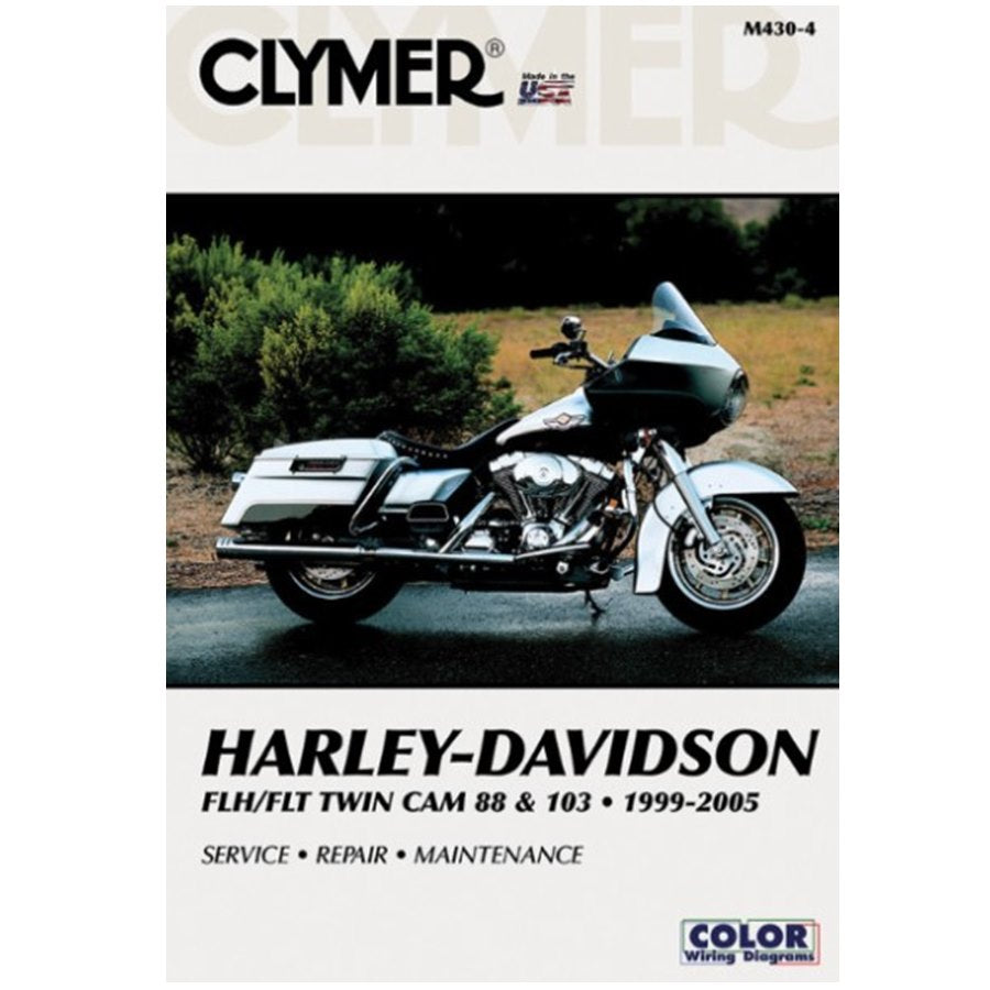 A Clymer Repair Manual - For Harley FLH TC88 '99-'05 motorcycle on the cover of a Clymer service manual for models from 1999 to 2005.