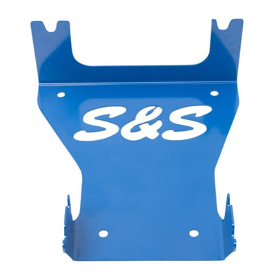 A product from S&S Cycle, the Engine Stand for Harley 2017+ M8 Motors, holds a Harley engine on a blue stand set on a metal surface, with another motorcycle blurred in the background.