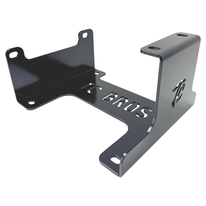TC Bros. Engine Stand for 1999-2017 Harley Twin Cam A Motor (Touring & Dyna); black metal bracket with "TC BROS" cutout and multiple bolt holes—sturdy support for your engine.