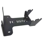 The TC Bros. Engine Stand for 2017-up Harley Milwaukee Eight Motor Bagger and M8 Softail features a black metal bracket with "TC BROS" cutout, upright tabs, and base mounting holes—perfect for securely holding your engine.